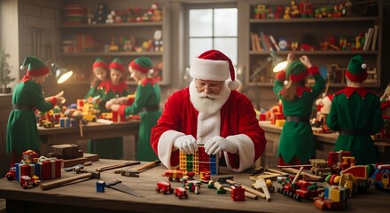 Santa Claus Overseeing Toy Production with Elves in a Christmas Workshop Depicting a Cheerful Holiday Scene of Gift Preparation and Festive Activity Together