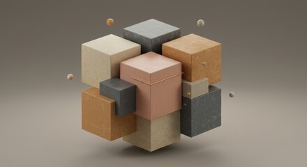 Fototapeta premium Abstract Cube Composition - A 3D of various sized cubes in neutral earth tones, arranged in a complex, interconnected structure