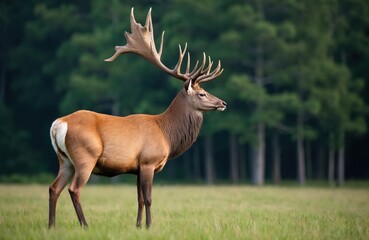 Fototapeta premium Majestic red deer stag stands proudly on meadow in Slovakia, Europe. Cervus elaphus mammal with large antlers. Wild animal wildlife scenery from side view. Male deer in natural habitat, outdoors in