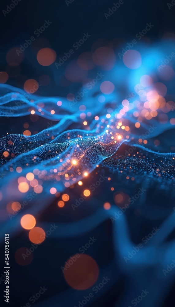 Poster abstract glowing blue orange data stream. night digital tech background features flowing light waves