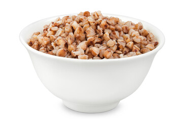 Boiled buckwheat in a ceramic bowl isolated on white background