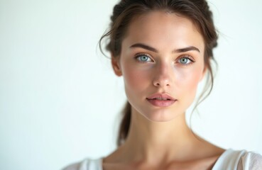 Naklejka premium Portrait young woman with flawless skin, piercing blue eyes. AI-generated image exudes beauty grace. Soft make-up natural features, creating elegant aesthetic. Ideal for beauty, fashion, skincare