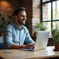 Fototapeta premium Happy businessman working on laptop, smiling, in office. Young man uses computer at wooden table with mobile phone. Person wears blue shirt, brick wall, green plants in pots on background.