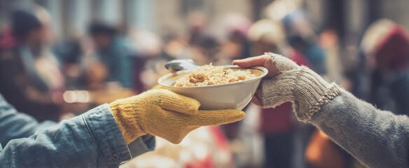 The act of sharing a warm meal at a community food distribution event.