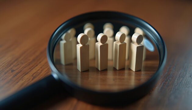 Magnifying glass focuses on wooden figures arranged in row, implying examination of population or group of people. Wooden figurines on wood table. Concept of analysis, research, data, study of people.