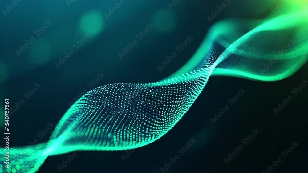 Poster Dynamic Digital Wave: A mesmerizing visual of a flowing digital wave in shades of teal and green, suggesting concepts of technology, innovation, and ethereal movement.