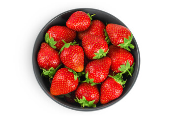 Strawberry in a ceramic bowl isolated on white background, Top view. Flat lay.