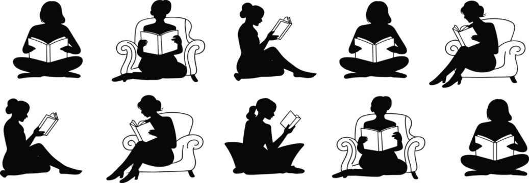 Diverse Silhouettes of Women Reading Books: Capturing Peaceful Moments of Learning and Leisure, Ideal for Education, Library, and Relaxation Themes