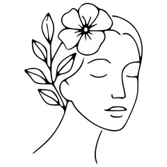 Girl with flowers and leaves one line vector drawing