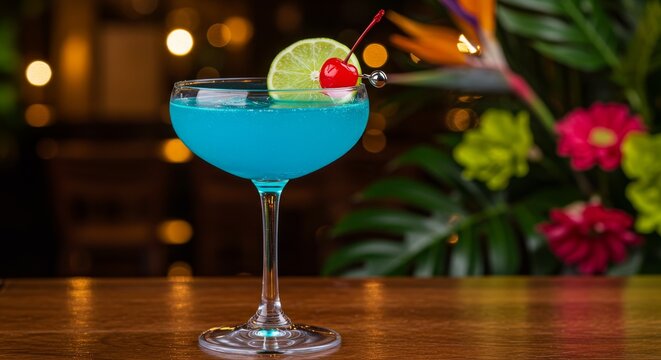 Blue Lagoon Cocktail on Wooden Bar - Refreshing blue lagoon cocktail garnished with lime and cherry, sits on a wooden bar top with a blurred tropical background