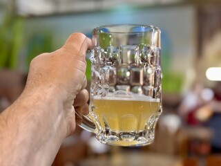 A hand joyfully holds a beer mug in a lively bar with friends and family around. A hand enthusiastically raises a frosty beer mug in a lively social setting, ideal for celebrating joyful moments