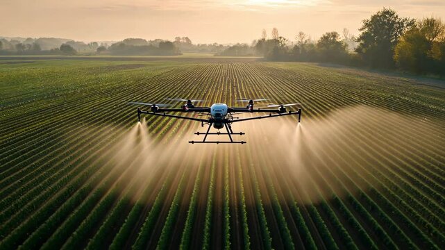 Agricultural drone spraying crops in green field with sunrise in background


