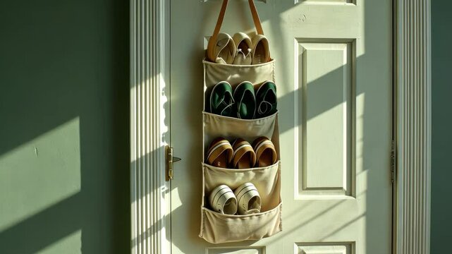 Macrame shelf hanging on wall with neatly arranged cosmetics in decorative holders

