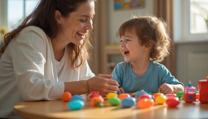 Smiling child therapist interaction during session. Woman, child laugh joyfully playing colorful toys. Happy kid, expert, mental health specialist work in playroom. Children therapy, childhood