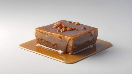 A delectable square of caramel cake, glistening with a rich, poured caramel sauce and topped with crunchy caramel pieces.  Served on a matching caramel-colored plate.
