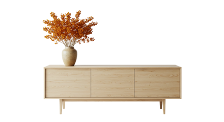 Vase with orange flowers on a light wood cabinet against a black background in a minimalist style