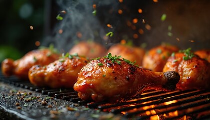 Grilled chicken legs with herbs on barbecue grill, tasty roasted meat. Delicious meal cooked with spices. Food photography for restaurant menu or food blog. BBQ, grill party, picnic.
