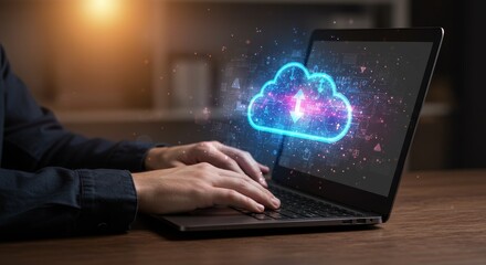 Fototapeta premium Cloud Computing Hands on Laptop - cloud computing, data storage, technology, network, innovation. Symbolizing modern technology, data transfer, and online access