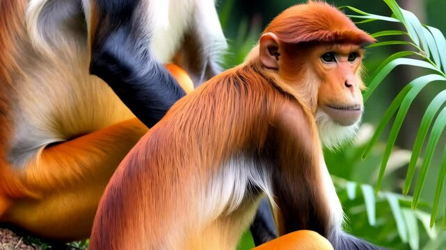 Close up of Red-shanked douc with colorful fur in a lush green jungle habitat, showing the primate with bright orange face and gray body