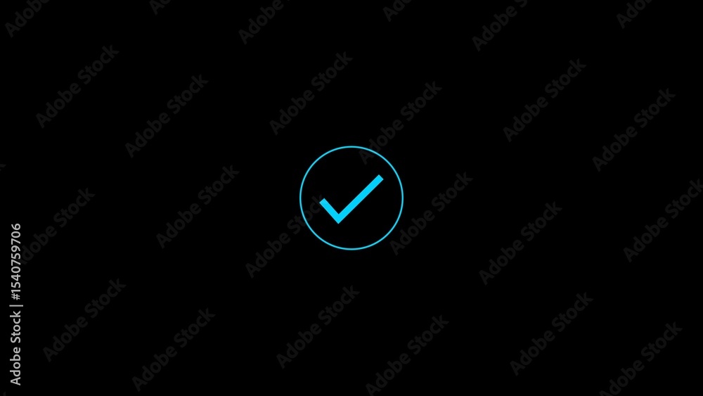 Poster illuminated confirmation checkmark icon within a circle against a black backdrop representing approv