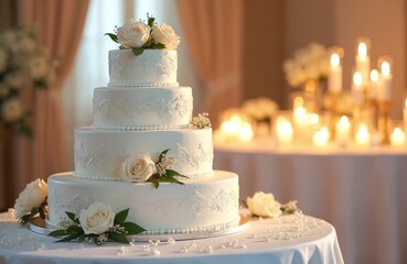 Fototapeta premium Elegant tiered wedding cake with white roses on table at celebration. Festive dessert with candlelight background, perfect for wedding, engagement, anniversary party. Romantic floral decoration at