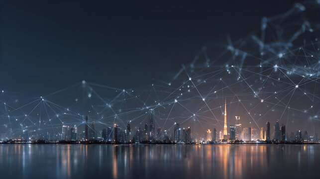 Smart digital city with globalization abstract graphic showing connection network . Concept of future 5G smart wireless digital city and social media networking systems