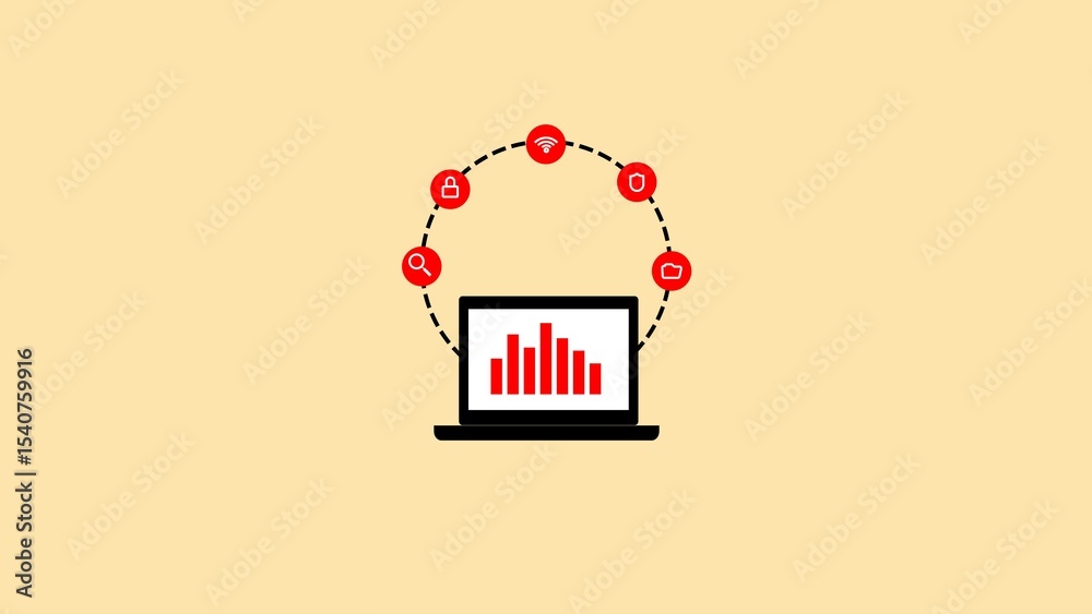 Poster conceptual illustration of a laptop displaying data and digital security icons related to data analy