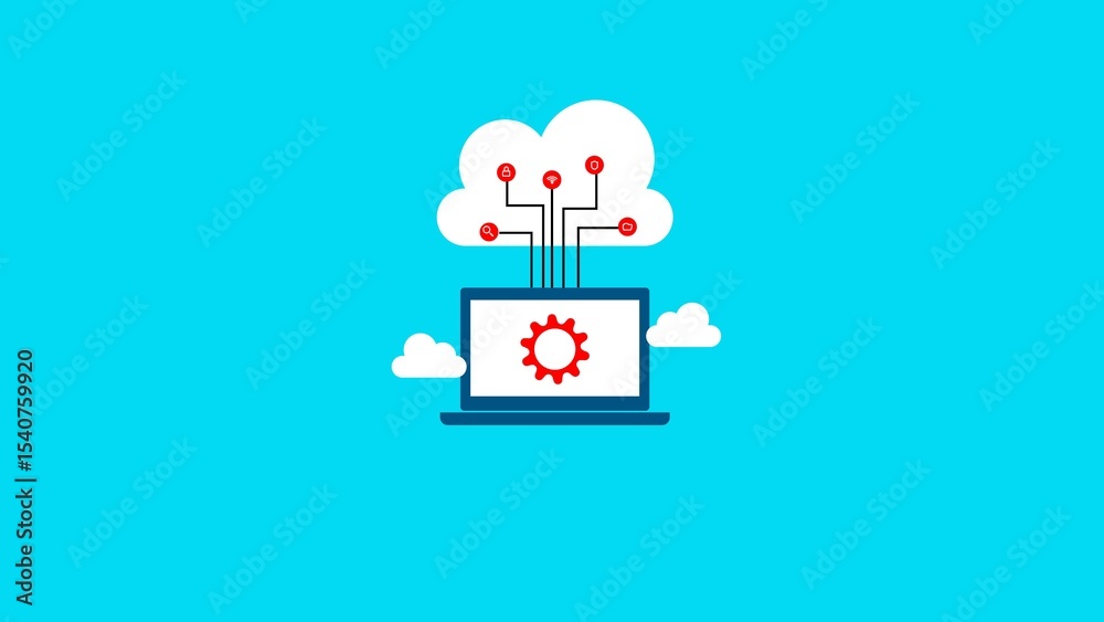 Poster abstract illustration of cloud computing with laptop connection representing data transfer and netwo