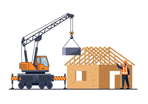 Construction worker overseeing crane lifting concrete block onto house under construction site process