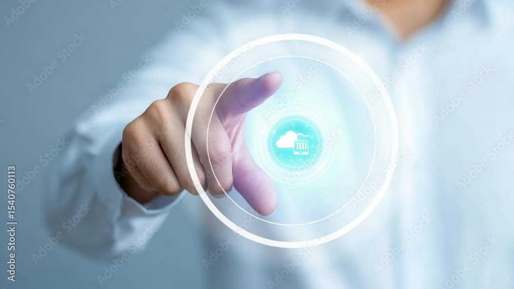Aufkleber Cloud Computing Technology: A person's finger elegantly interacts with a glowing, futuristic user interface, symbolizing seamless cloud computing. Focus on connection and tech.