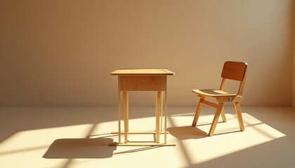 Empty classroom interior with wooden desk and chair. Warm sunlight and shadow. Simple minimal design. Education learning concept. Back to school background. Solitary object, setting.