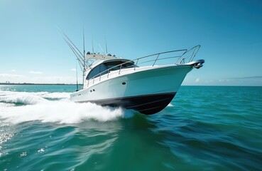 Fototapeta premium High-end sport fishing boat speeds across turquoise water. Luxury yacht, motor vessel at speed in the ocean. Miami, Florida, cruising under blue sky, marine background, nautical recreation.