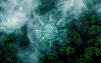 Aerial view of a misty forest with a technological targeting reticle overlay.