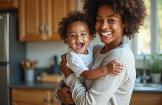 Happy mixed-race mother embraces laughing cute baby. Candid photo of joyful family moments. Smiling child with beautiful mother. Love happiness in family. Cozy home atmosphere. Family, motherhood,