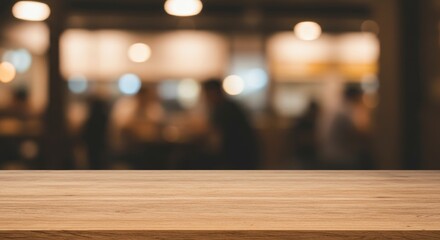 Fototapeta premium Empty Wooden Table at Night Restaurant - A clean, empty wooden table against a blurred background of a bustling restaurant at night. Perfect for product placement