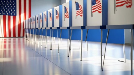 Row of voting booths with American flags for elections in a bright polling station room, promoting civic participation and election integrity. - Powered by Adobe