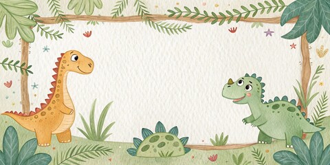 Cute Watercolor Dinosaurs Jungle Frame, Kids, Animal