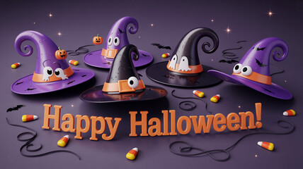 Colorful witch hats and Halloween decorations create a festive atmosphere for the spooky holiday celebration