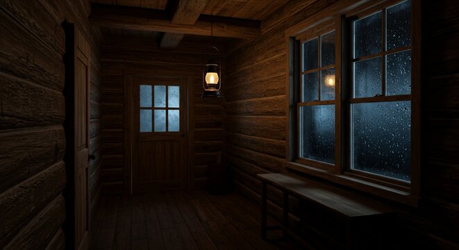 Cozy cabin refuge from stormy night