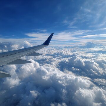 Fototapeta View from airplane, seeing wing, blue sky and cumulus clouds
