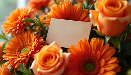 Orange floral arrangement with Get Well Soon card, composed of gerbera daisies, roses. Perfect for conveying wishes for recovery, sending comfort, affection. Nature backdrop.