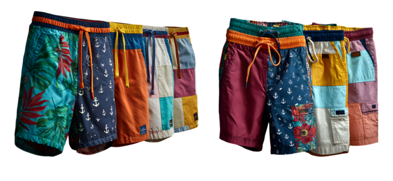 A vibrant collection of patchwork and tropicalprint swim trunks, isolated on transparent background
