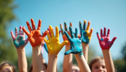 Children colorful painted hands raised against blue sky during outdoor art activity. Art class, community fun, creative workshop. Summer day with laughter, joy, celebration, teamwork in park.