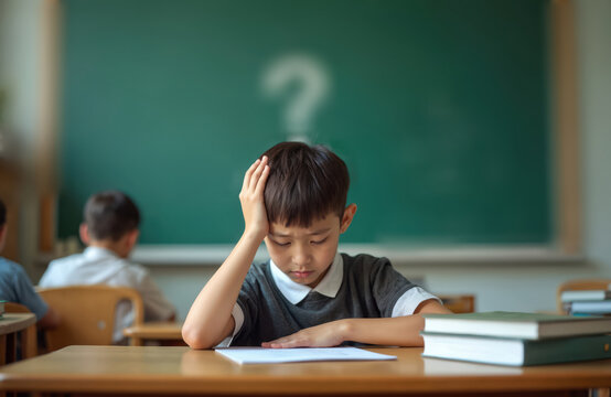 Young student looks at paper during lesson. Boy at school desk with a stack of books, looking confused, questioning answer. Chalkboard question mark background. Academic difficulties.