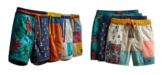 A vibrant collection of summer shorts, isolated on transparent background, showcasing tropical, nautical, and patchwork designs