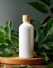 White bottle with wooden cap surrounded by green leaves