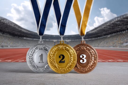 Three medals hang against a stadium backdrop Silver gold and bronze signify rankings of 1 2 and 3