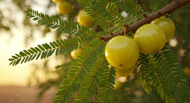 Golden Amla Fruits on Branch - Ripe amla fruits hanging from a tree branch, bathed in warm sunlight. Symbolizing health, nature, abundance, vitality, and renewal