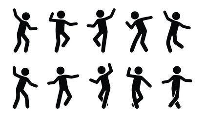 Silhouettes of minimal stickman dancers in various expressive poses, perfect for illustrating movement, rhythm, and performance art