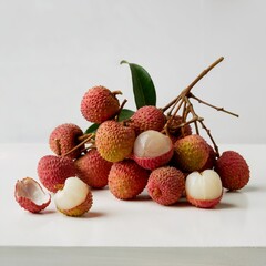 Fresh lychee cluster with peeled lychee, lychee fruit close-up, tropical lychee still life
